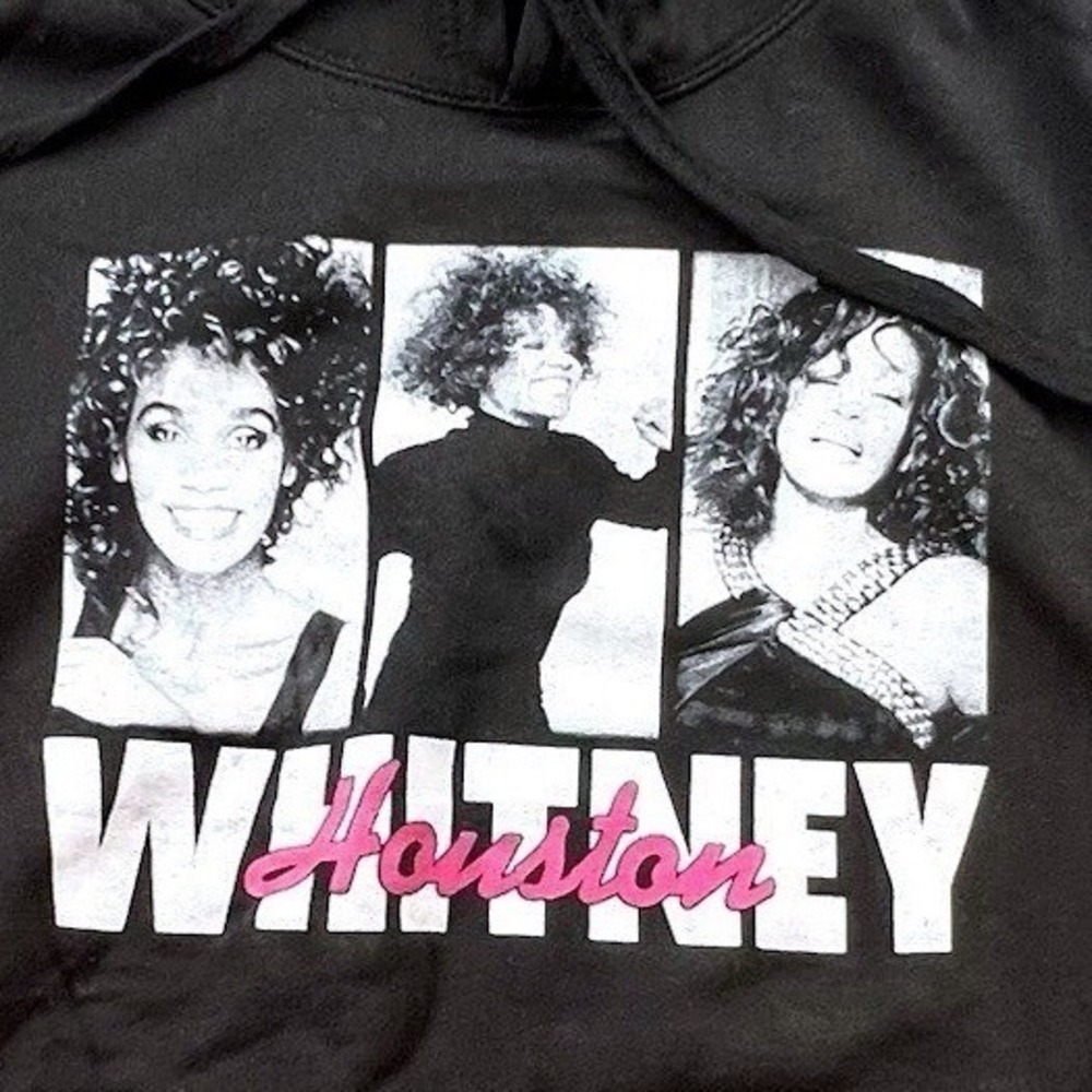 Whitney Houston Graphic Hoodie Black Pink Script Music Pop Icon Sweatshirt